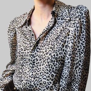 ZARA Black and White Animal Print Blouse | Silky Feel Button Down Puff Sleeve